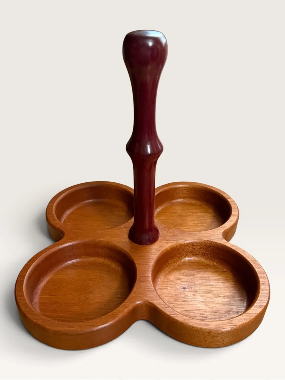 Wooden Four-Bowl Condiment Caddy Featuring Brown Ceramic Insert Dishes